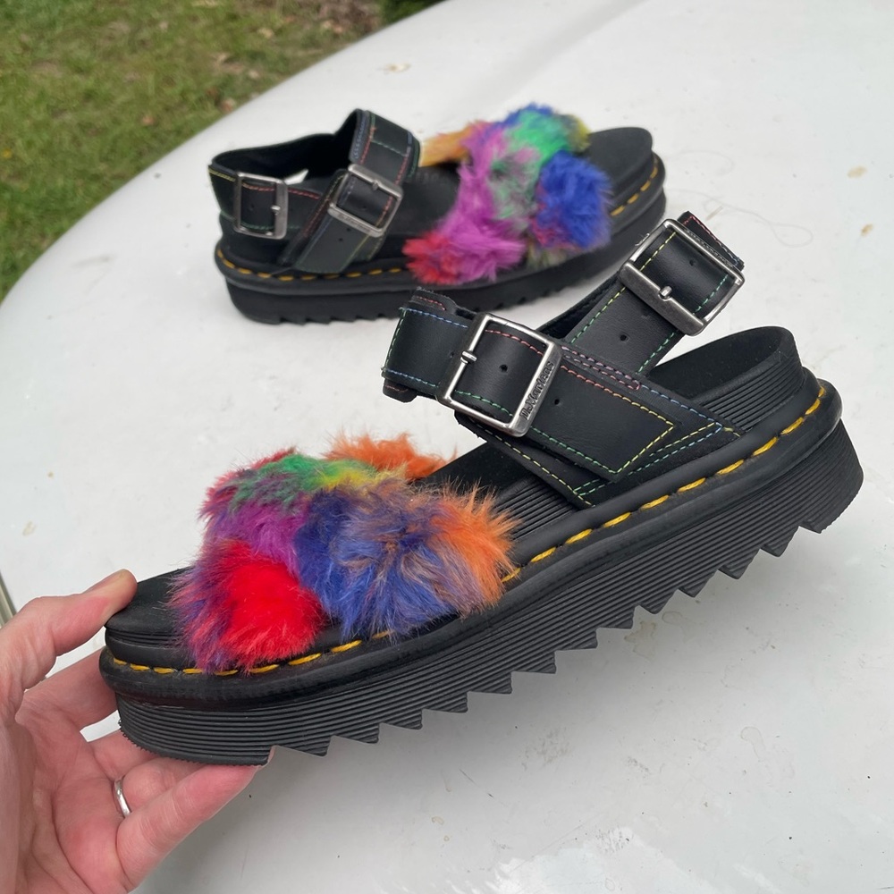 Dr Martens Voss ll Fluffy Rainbow Faux Fur Strap Sandals Size 7